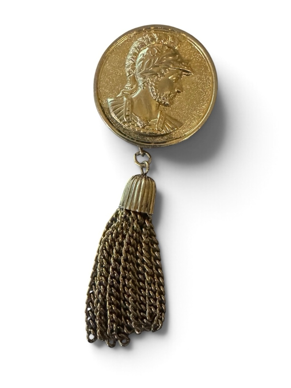 🩶VTG 70s Sarah Coventry Centurion Roman Coin Medallion Tassel Brooch Pin